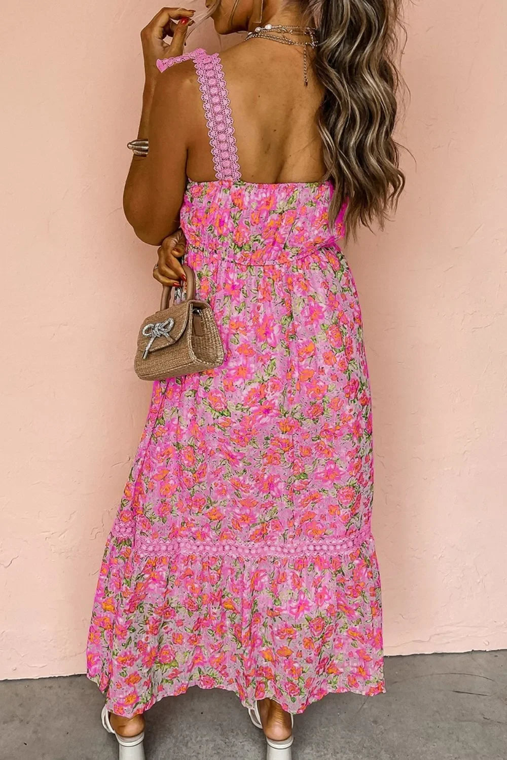 Floral Lace Maxi Dress With Bow Ties On Wide Straps Lined Bodice - Southern Shores Clothing