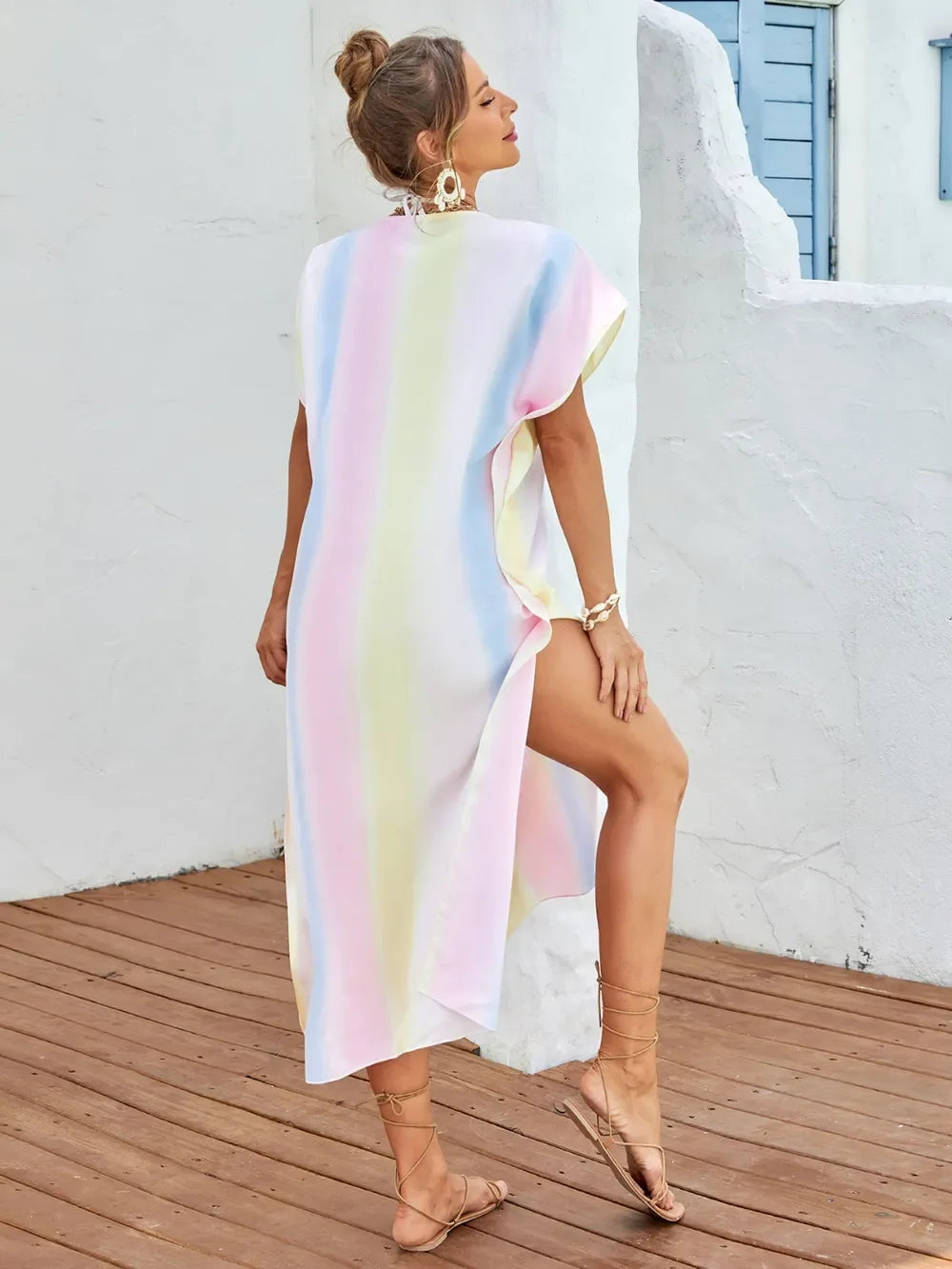 Striped Slit Notched Short Sleeve Cover Up One Size - Southern Shores Clothing