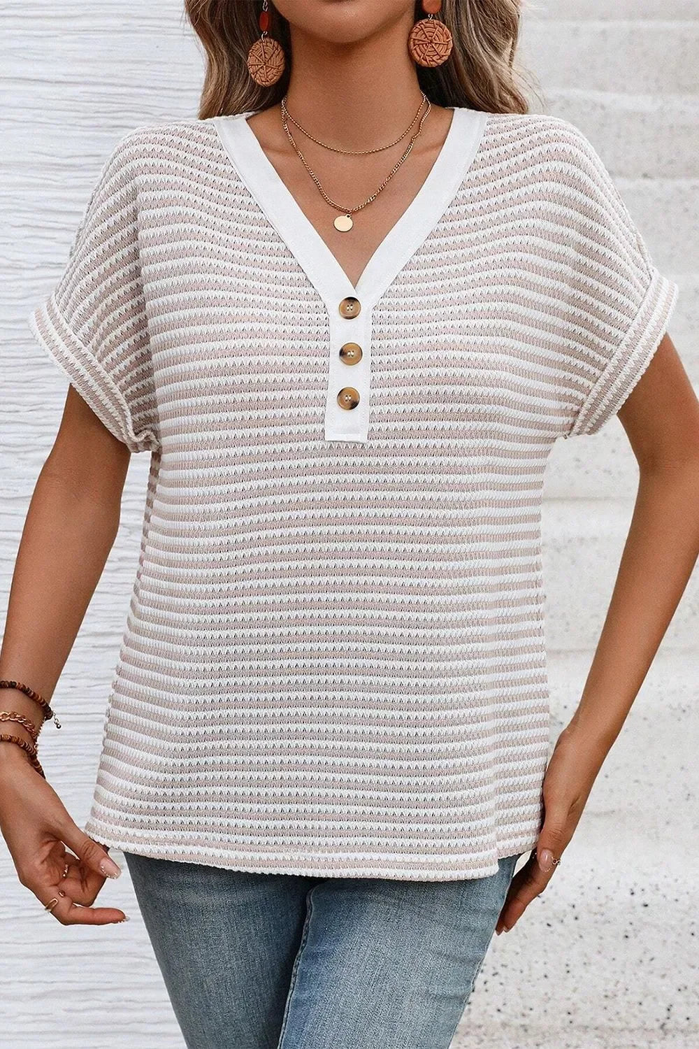 Striped Knit V Neck Button Front T Shirt - Southern Shores Clothing