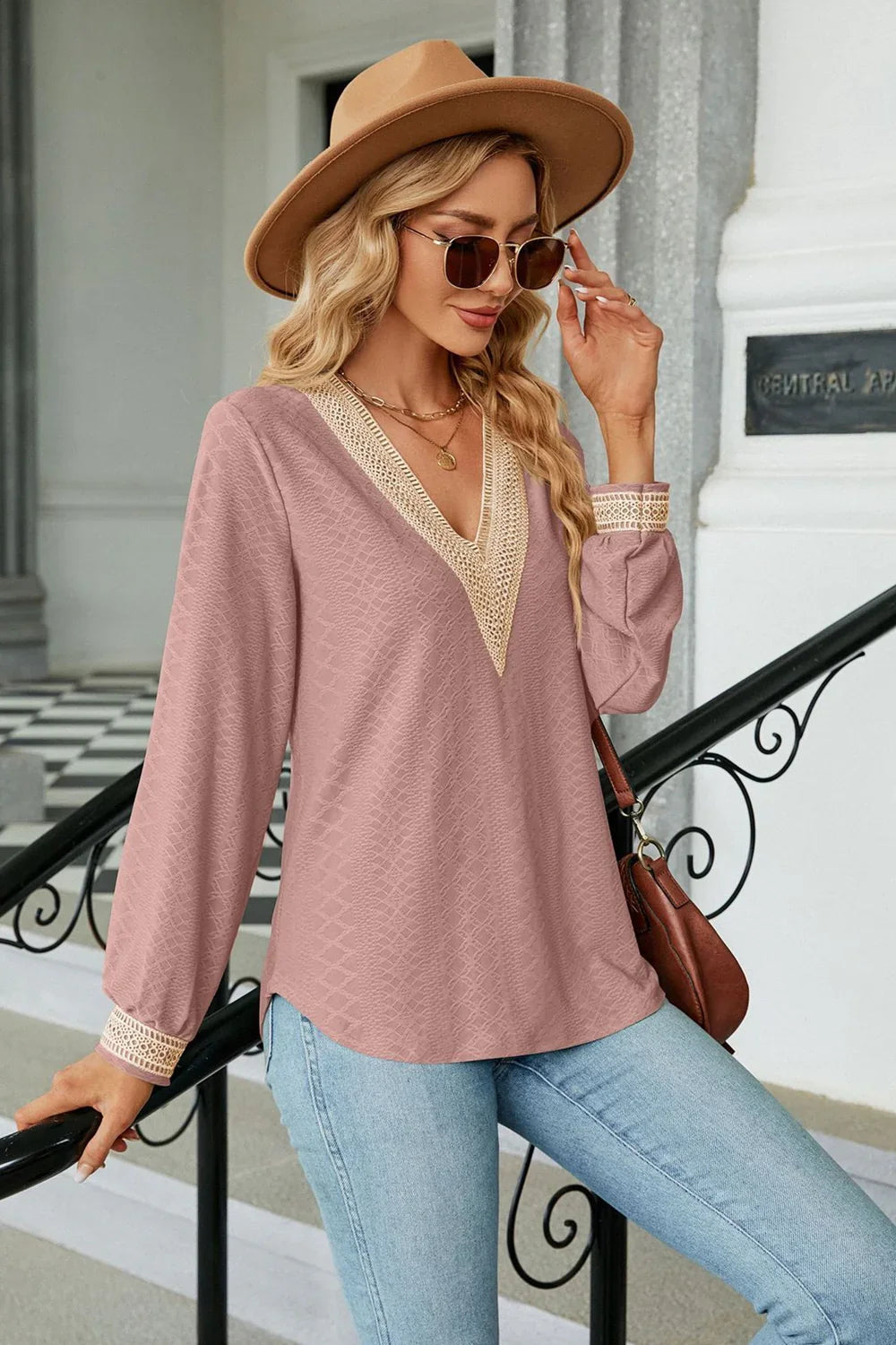 Southern Shores Clothing V-Neck Long Sleeve Lace Rayon Blouse For Casual And Sophisticated Everyday Wear - Southern Shores Clothing