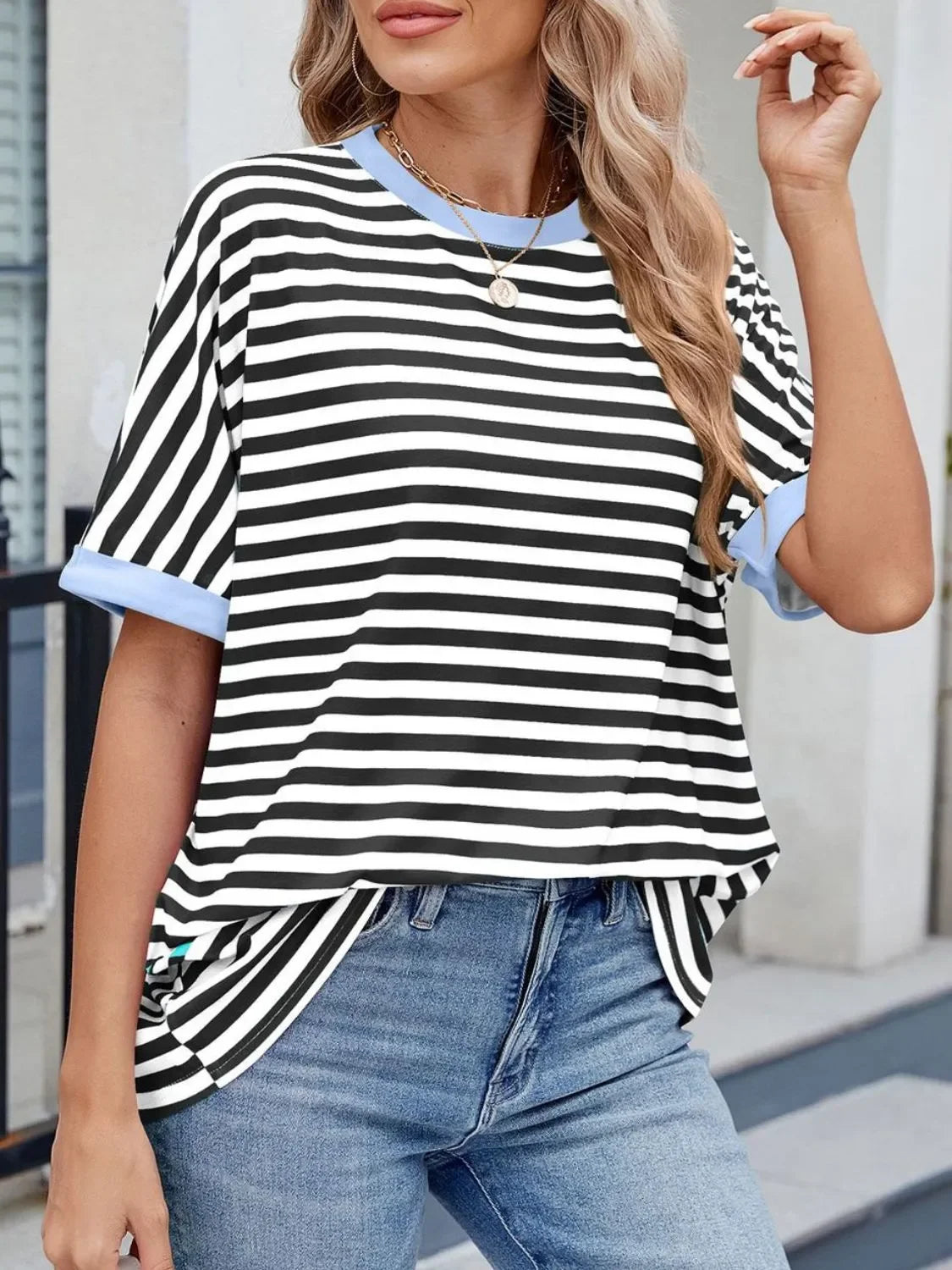 Striped Round Neck Half Sleeve T-Shirt - Southern Shores Clothing