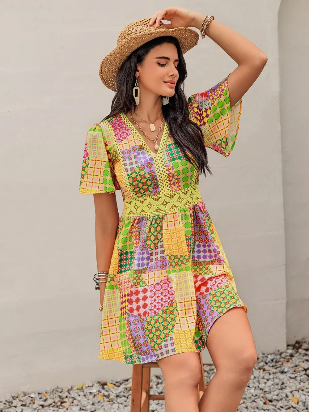 Crochet Trim Printed V-Neck Short Sleeve Ruched Mini Dress - Southern Shores Clothing