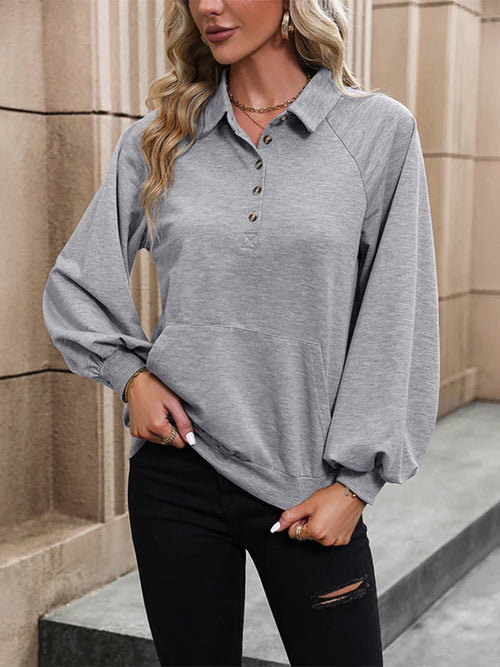 Buttoned Collared Blouse With Pockets Three Quarter Sleeves - Southern Shores Clothing