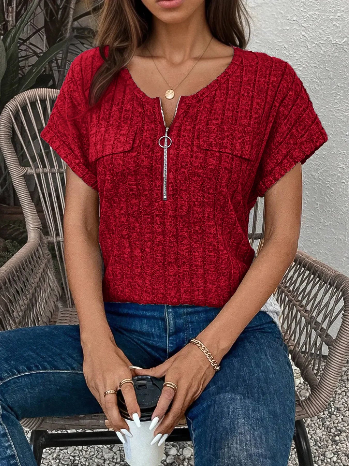 Zip-Front Ribbed Short Sleeve T-Shirt Coastal Style - Southern Shores Clothing