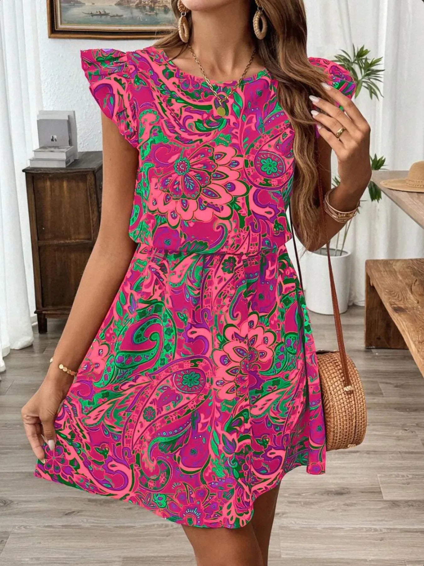Paisley Print Ruffle Sleeve Belted Mini Dress Silhouette - Southern Shores Clothing