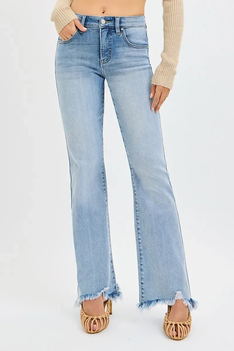 Tummy Control Mid Rise Flare Jeans Plus Size Fray Hem - Southern Shores Clothing