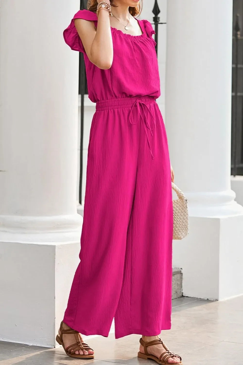 Ruffled Cap Sleeve Wide Leg Jumpsuit With Pockets - Southern Shores Clothing