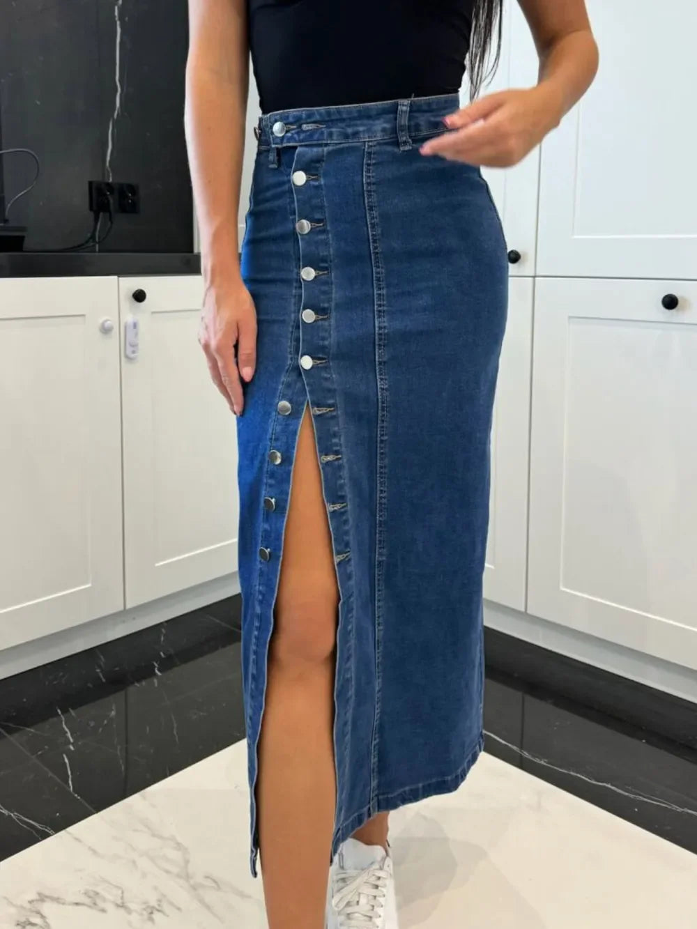 Midi Denim Skirt With Front Button Slit Style - Southern Shores Clothing