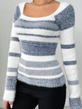 Striped Fuzzy Long Sleeve Sweater for Casual Wear - Southern Shores Clothing
