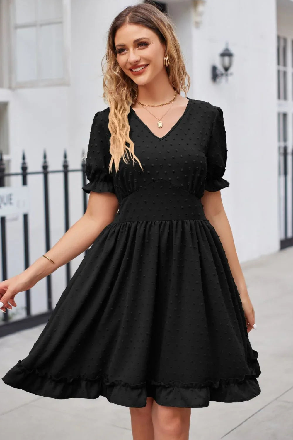 Swiss Dot Frill Trim Flounce Sleeve V Neck Dress - Southern Shores Clothing
