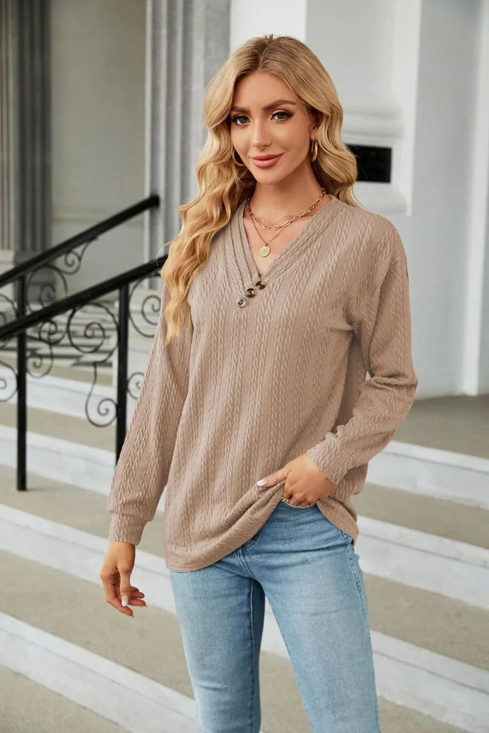 Decorative Button V-Neck Long Sleeve T-Shirt - Southern Shores Clothing
