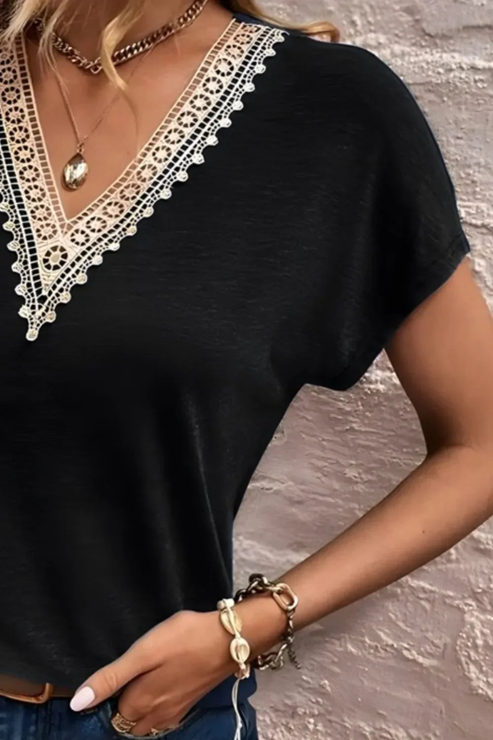 Full Size Lace Detail V-Neck Short Sleeve T-Shirt - Southern Shores Clothing