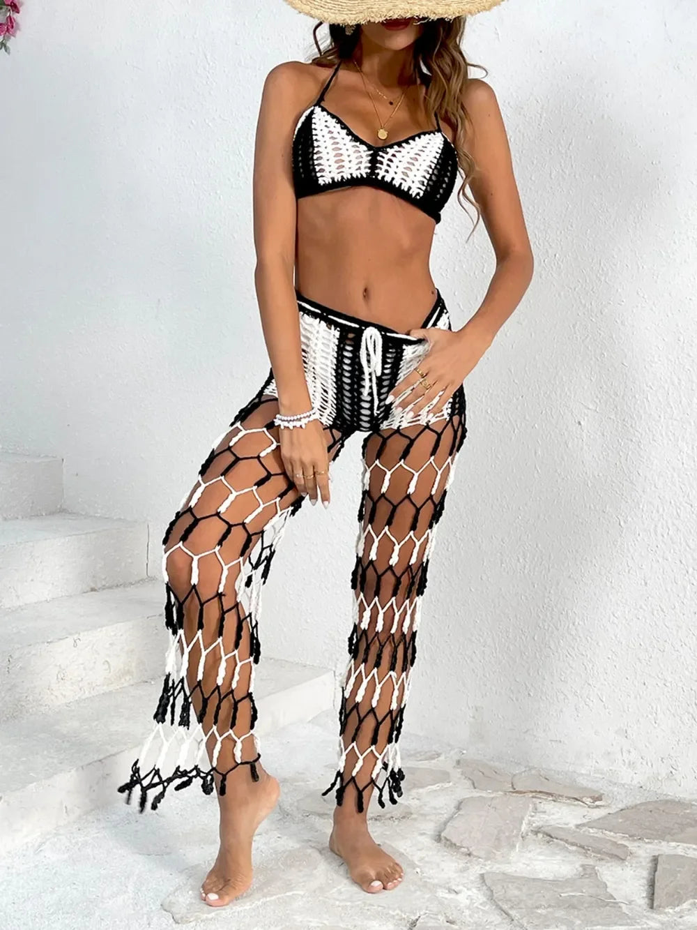 Cutout Crochet Halter Top And Netted Pants Two-Piece Swim Set - Southern Shores Clothing
