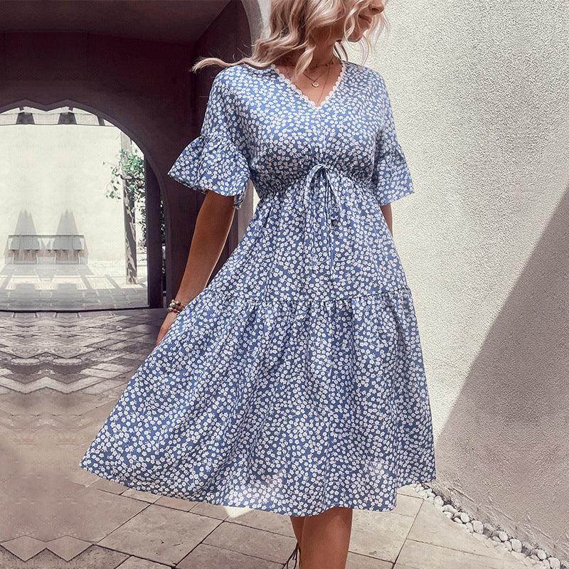 Floral Flounce Sleeve V Neck Lightweight Midi Dress - Southern Shores Clothing