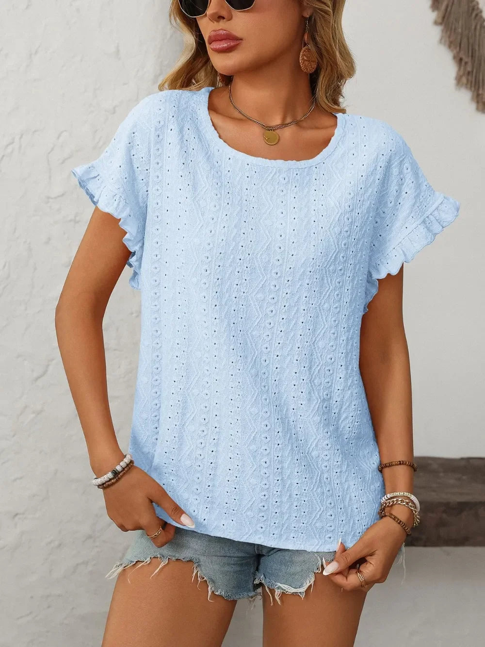 Eyelet Frill Round Neck Short Sleeve Top - Southern Shores Clothing