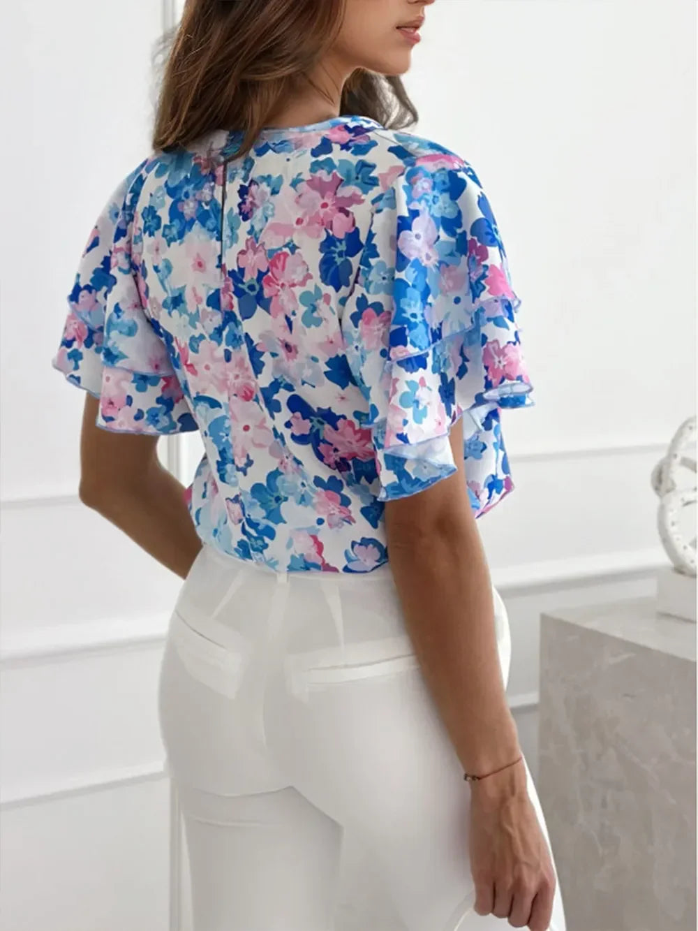 Floral Round Neck Flutter Sleeve Blouse Lightweight - Southern Shores Clothing