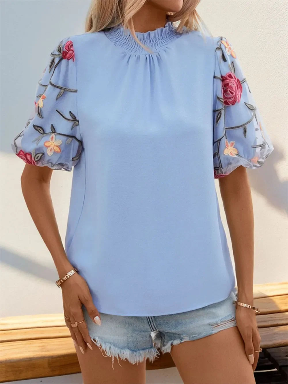Embroidered Mock Neck Puff Sleeve Blouse - Southern Shores Clothing