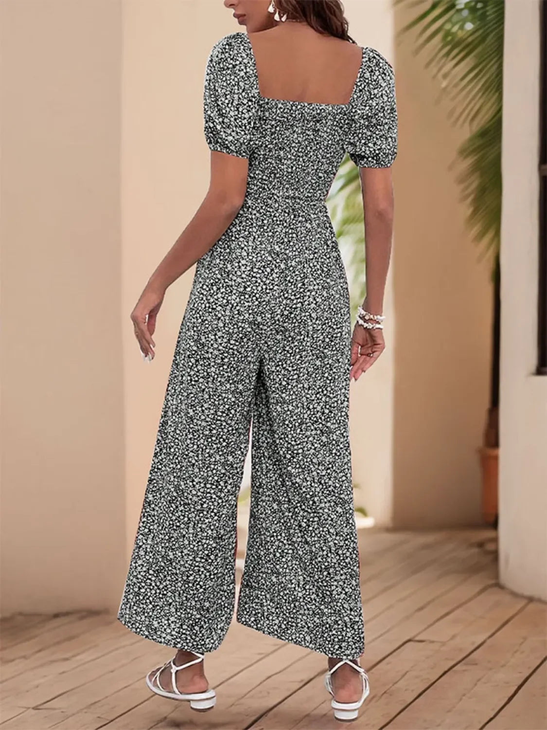 Printed Square Neck Puff Sleeve Jumpsuit - Southern Shores Clothing