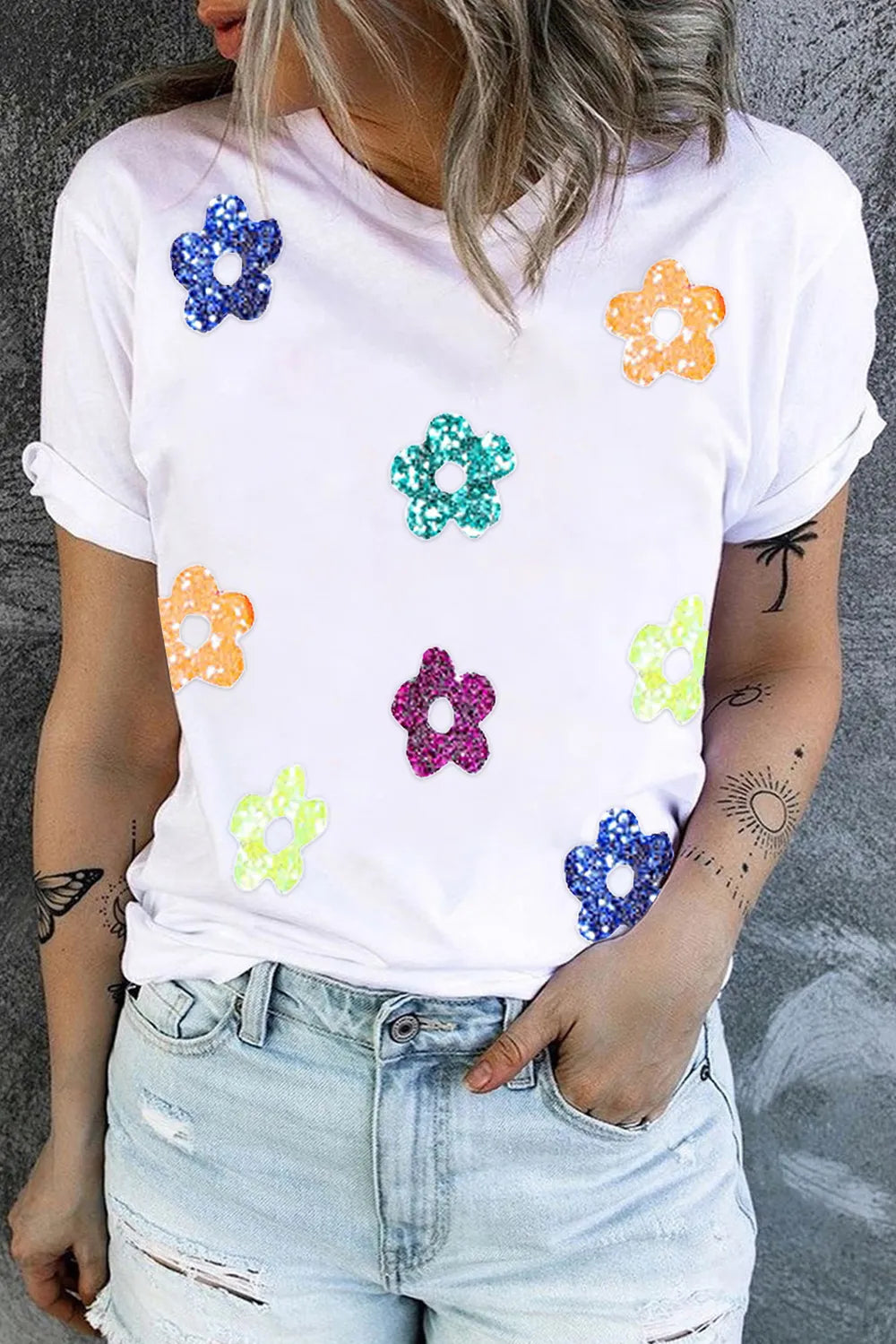 Women's Sequin Flower Round Neck Short Sleeve T-Shirt by SYNZ