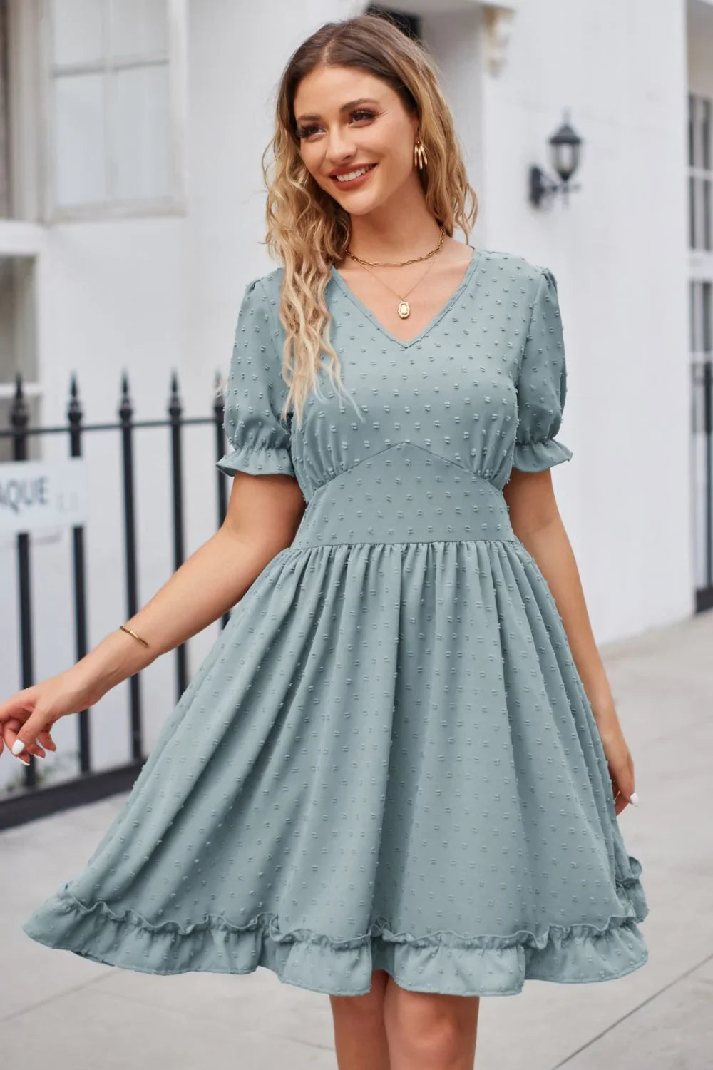 Swiss Dot Frill Trim Flounce Sleeve V Neck Dress - Southern Shores Clothing