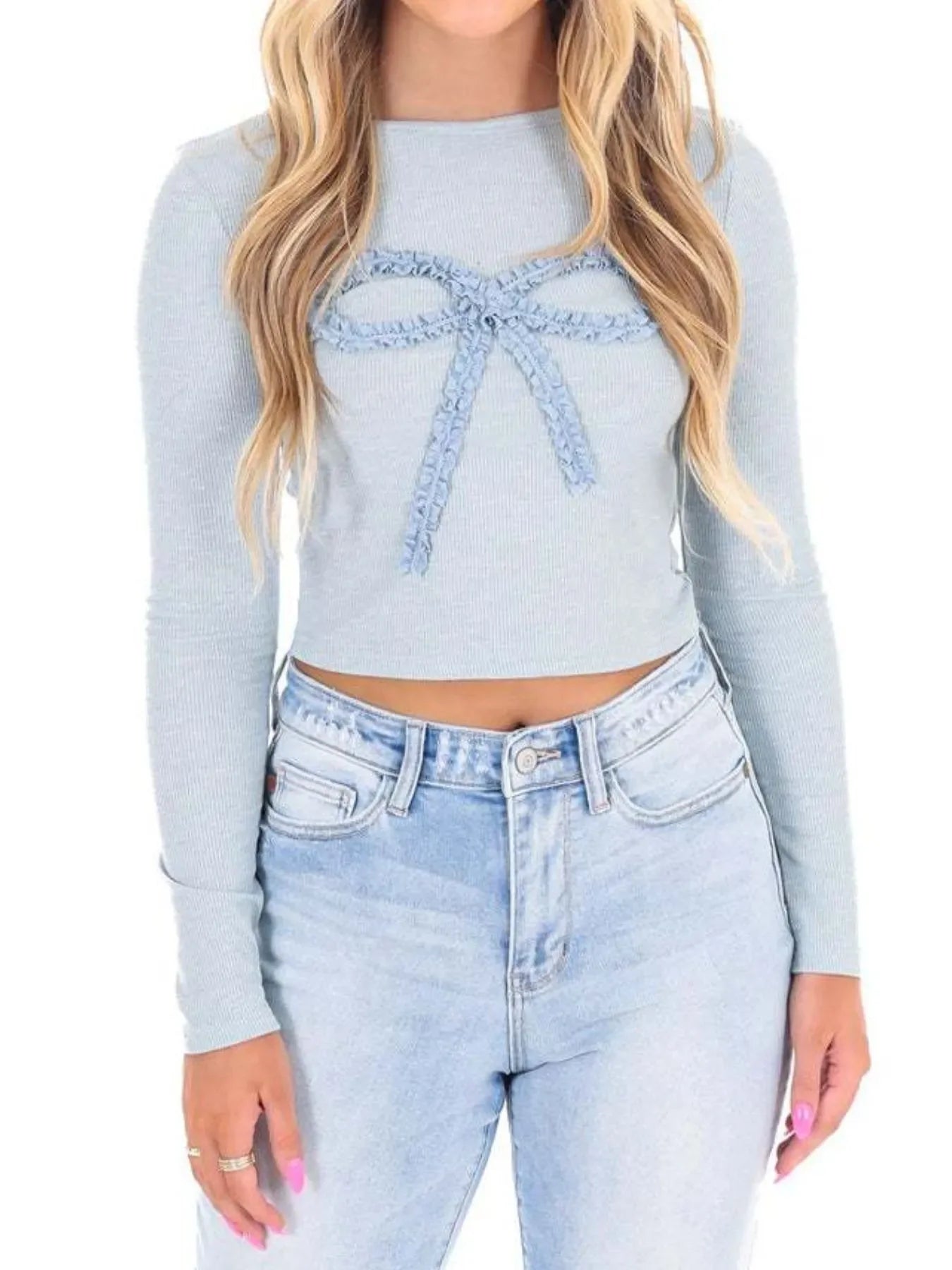 Fitted Long Sleeve Bow Design Stretch T Shirt - Southern Shores Clothing