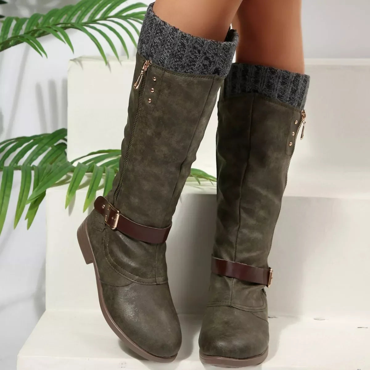 Round Toe Block Heel Boots Suede Rubber Casual