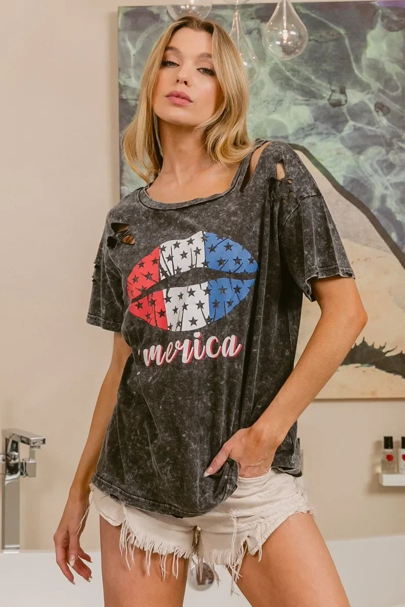 Laser Cut Lip Print Top Old Glory Mineral Washed - Southern Shores Clothing