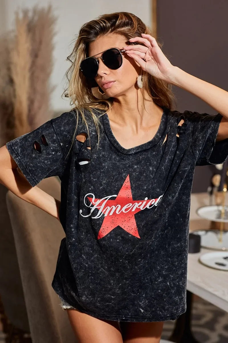 Laser Cut Mineral Washed Jersey T Shirt Americana Design - Southern Shores Clothing