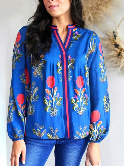 Floral Notched Balloon Sleeve Blouse Polyester - Southern Shores Clothing