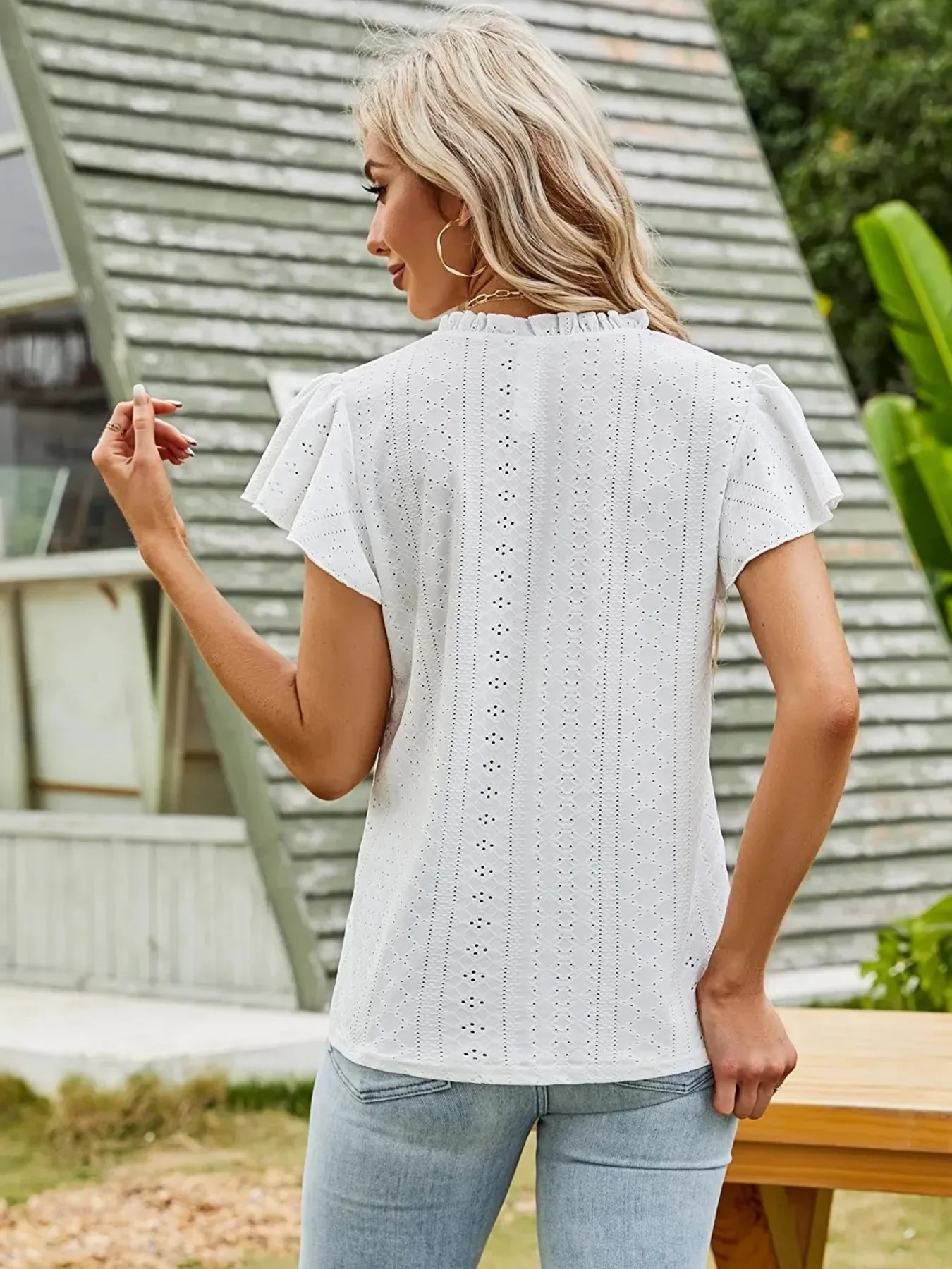 Eyelet Notched Short Sleeve T Shirt With Frills Stretchy - Southern Shores Clothing