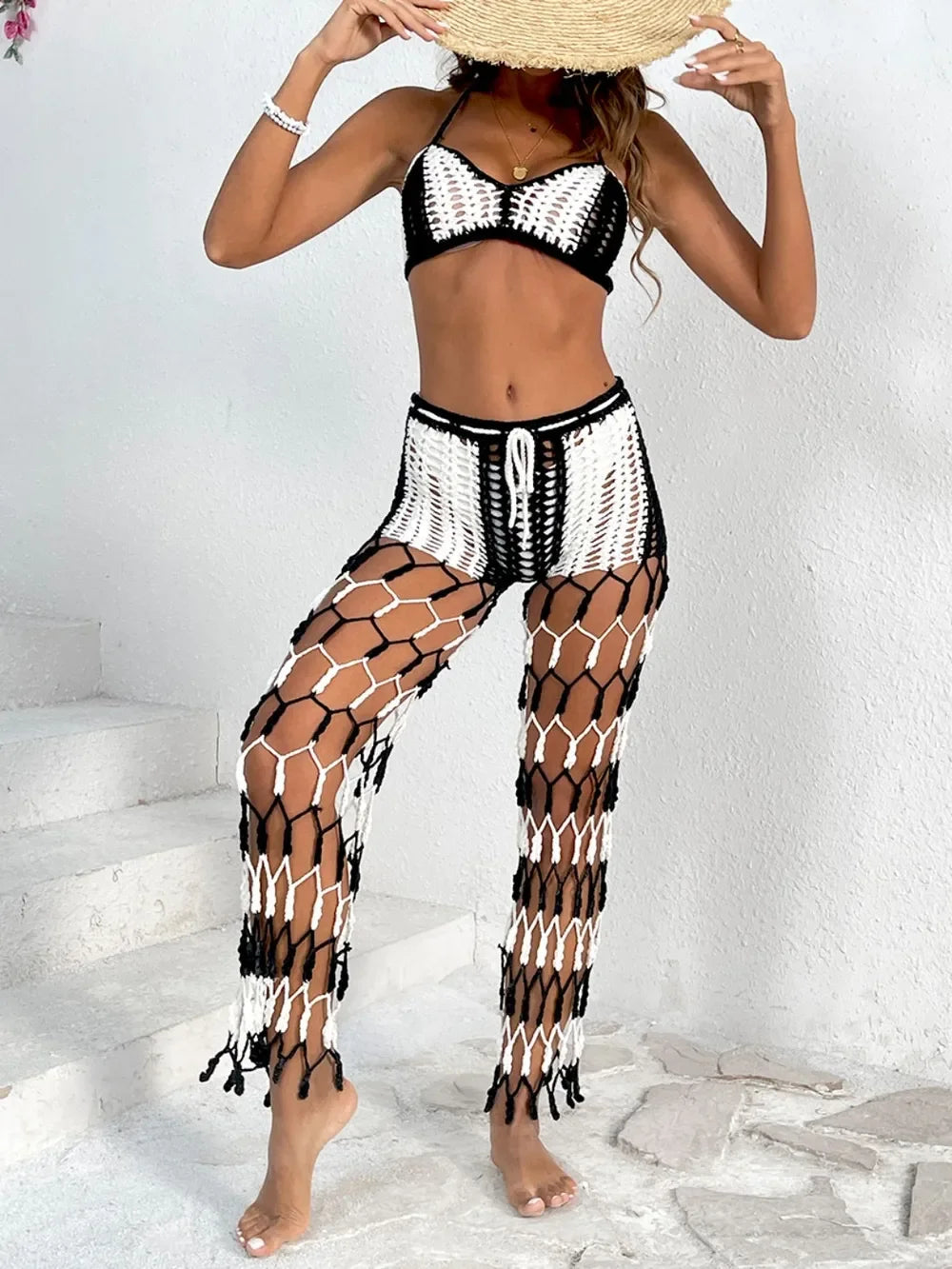 Cutout Crochet Halter Top And Netted Pants Two-Piece Swim Set - Southern Shores Clothing