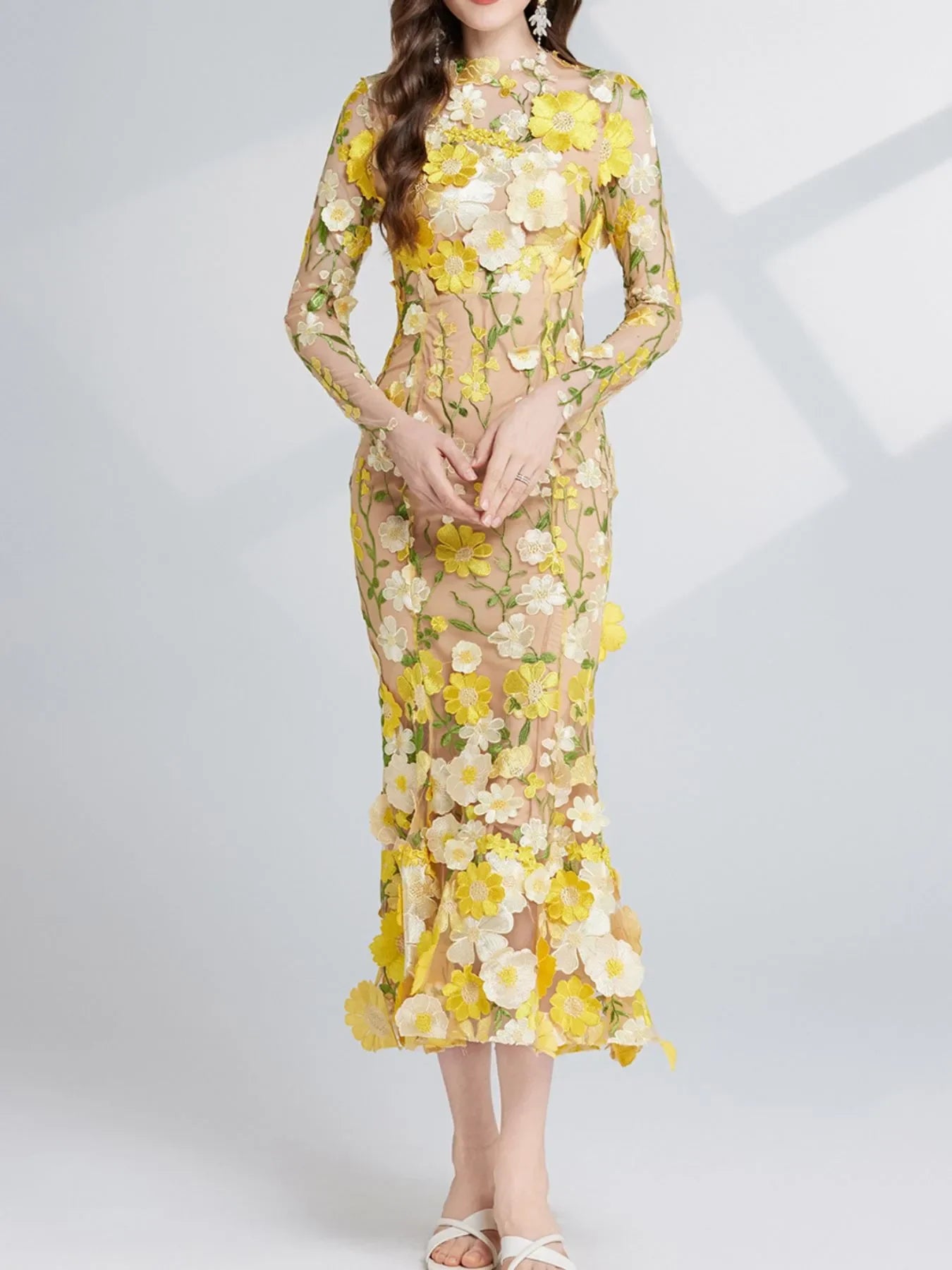 Floral Embroidered Magnolia Mesh Long Sleeve Midi Dress - Southern Shores Clothing