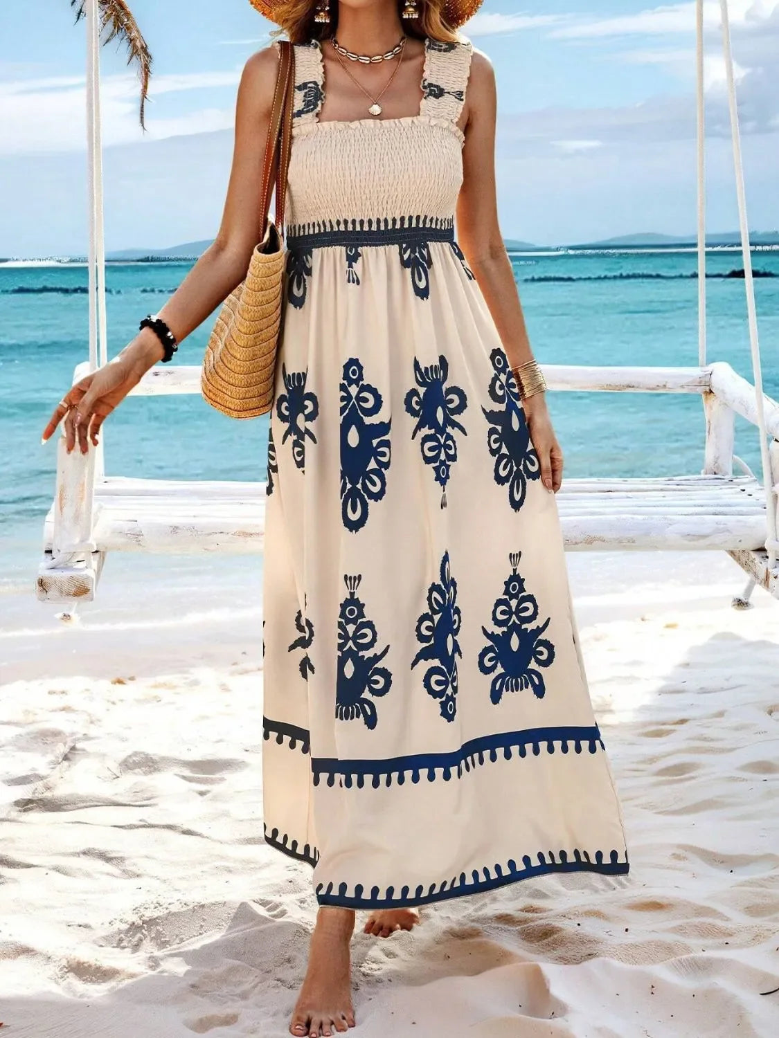 Smocked Printed Maxi Dress With Wide Straps Boho Style Details - Southern Shores Clothing