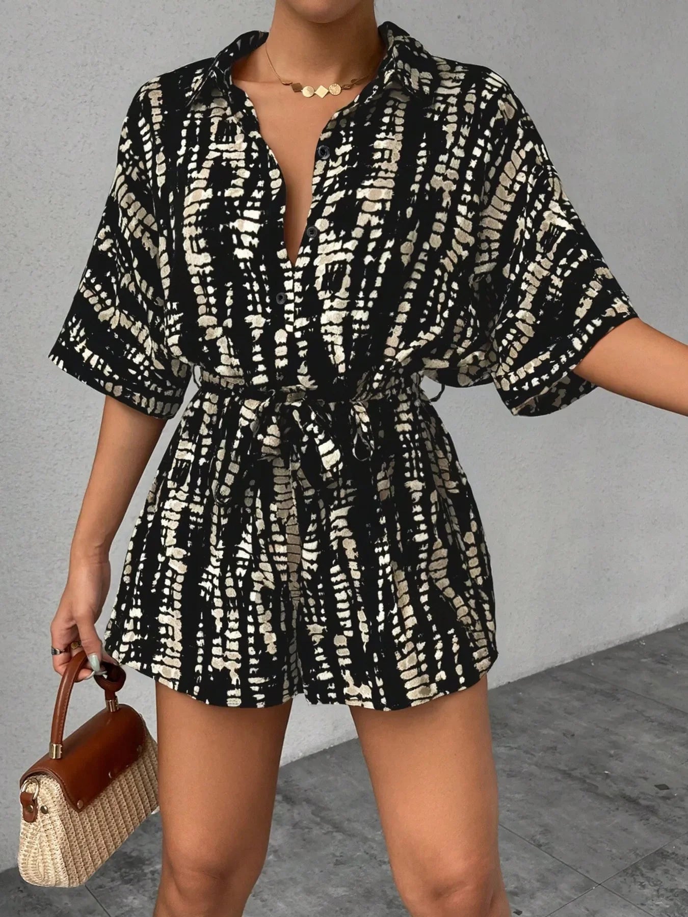 Belted Buttoned Collar Neck Short Sleeve Romper - Southern Shores Clothing