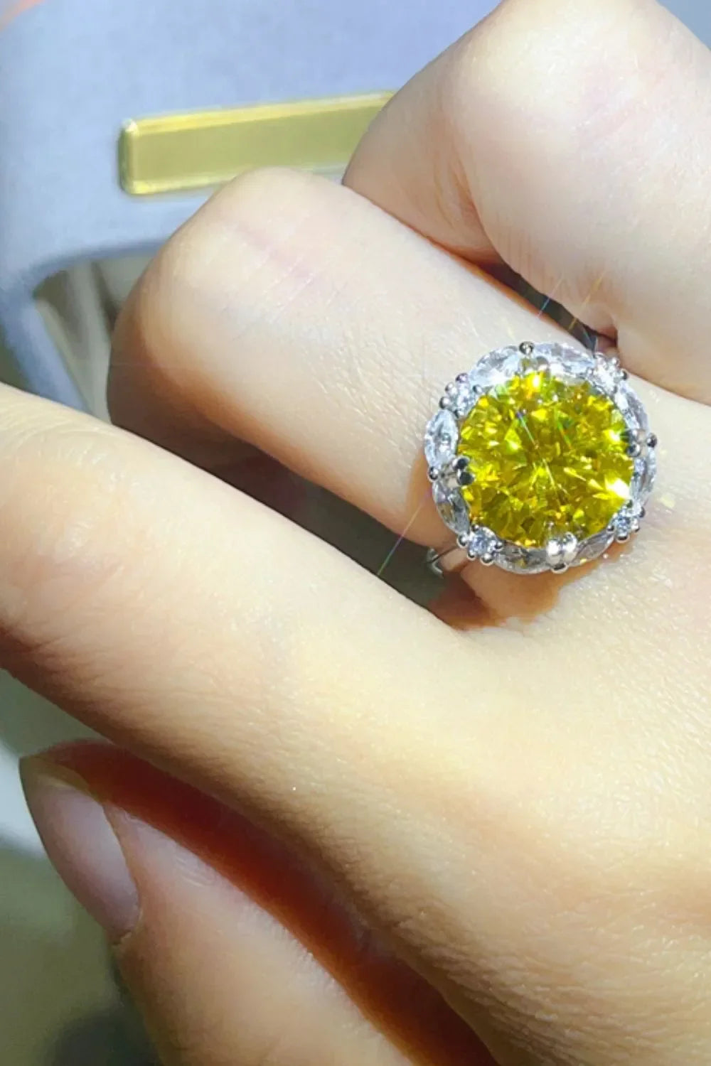 5 Carat Yellow Moissanite Sterling Silver Ring With Halo - Southern Shores Clothing