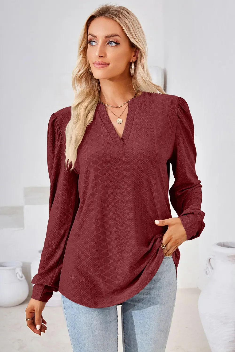 Notched Long Sleeve Top With Slightly Stretchy Fit - Southern Shores Clothing