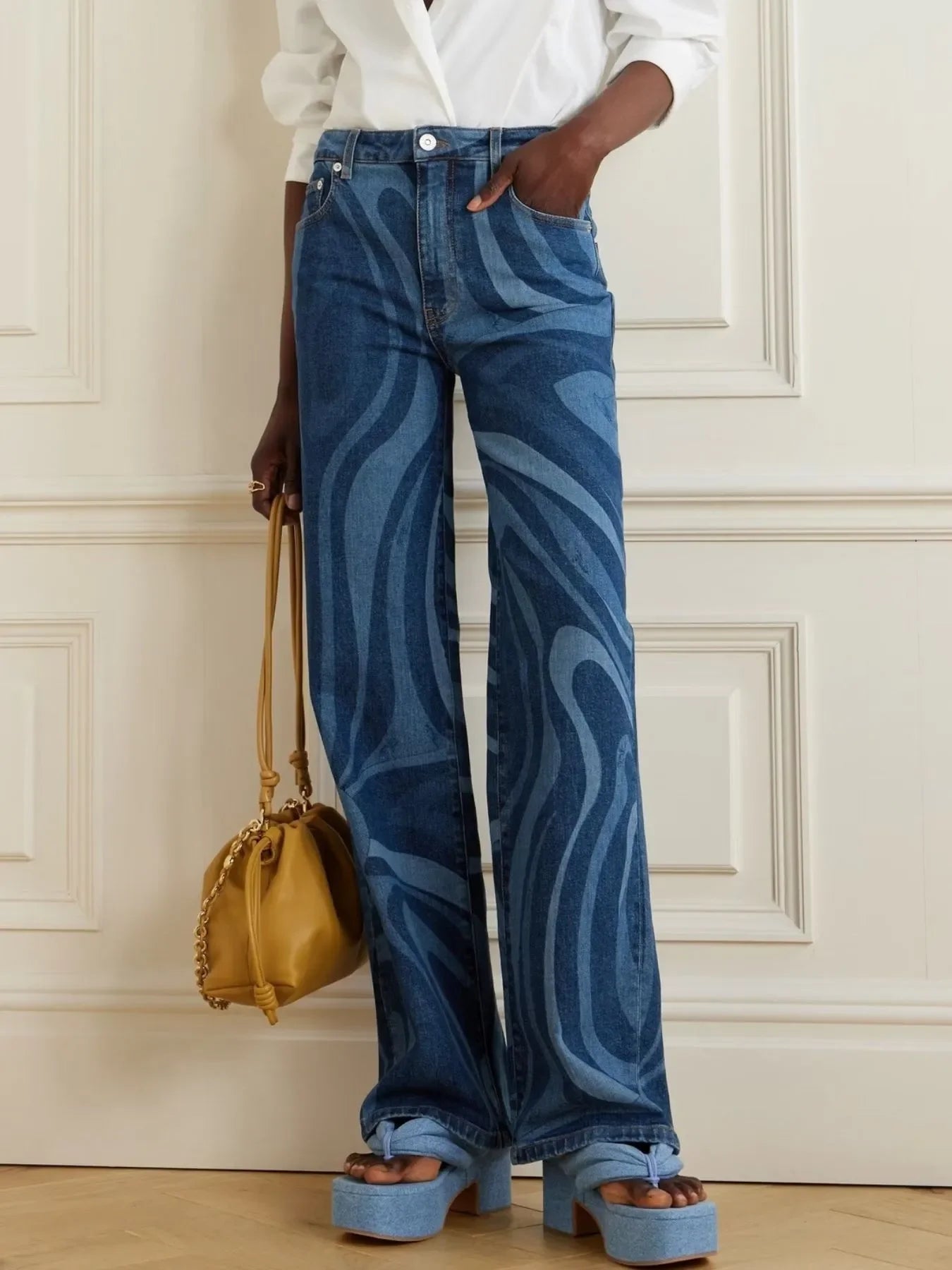 Ocean Water Ripples Print Wide Leg Denim Jeans - Southern Shores Clothing