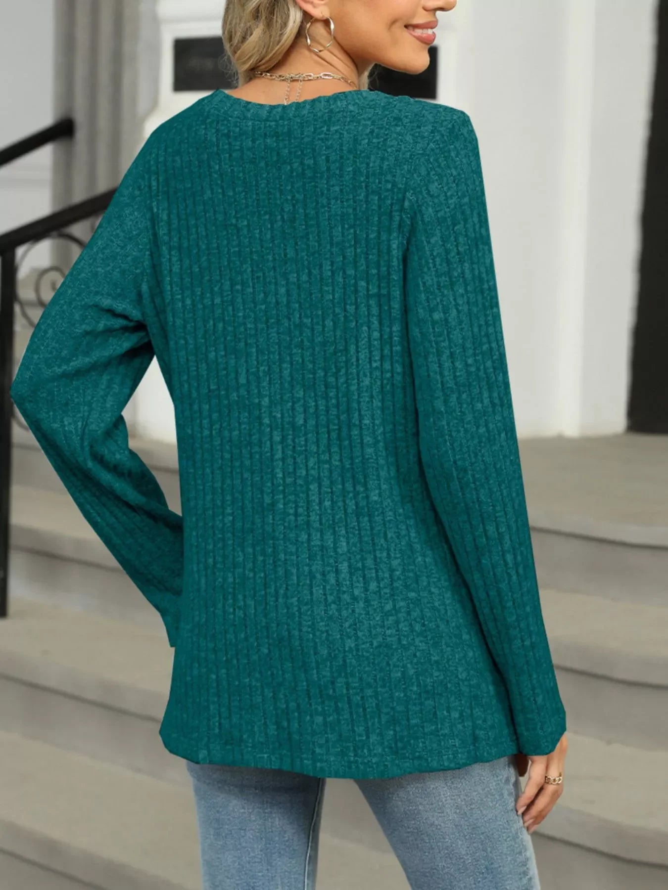 Ribbed Round Neck Long Sleeve Top - Southern Shores Clothing
