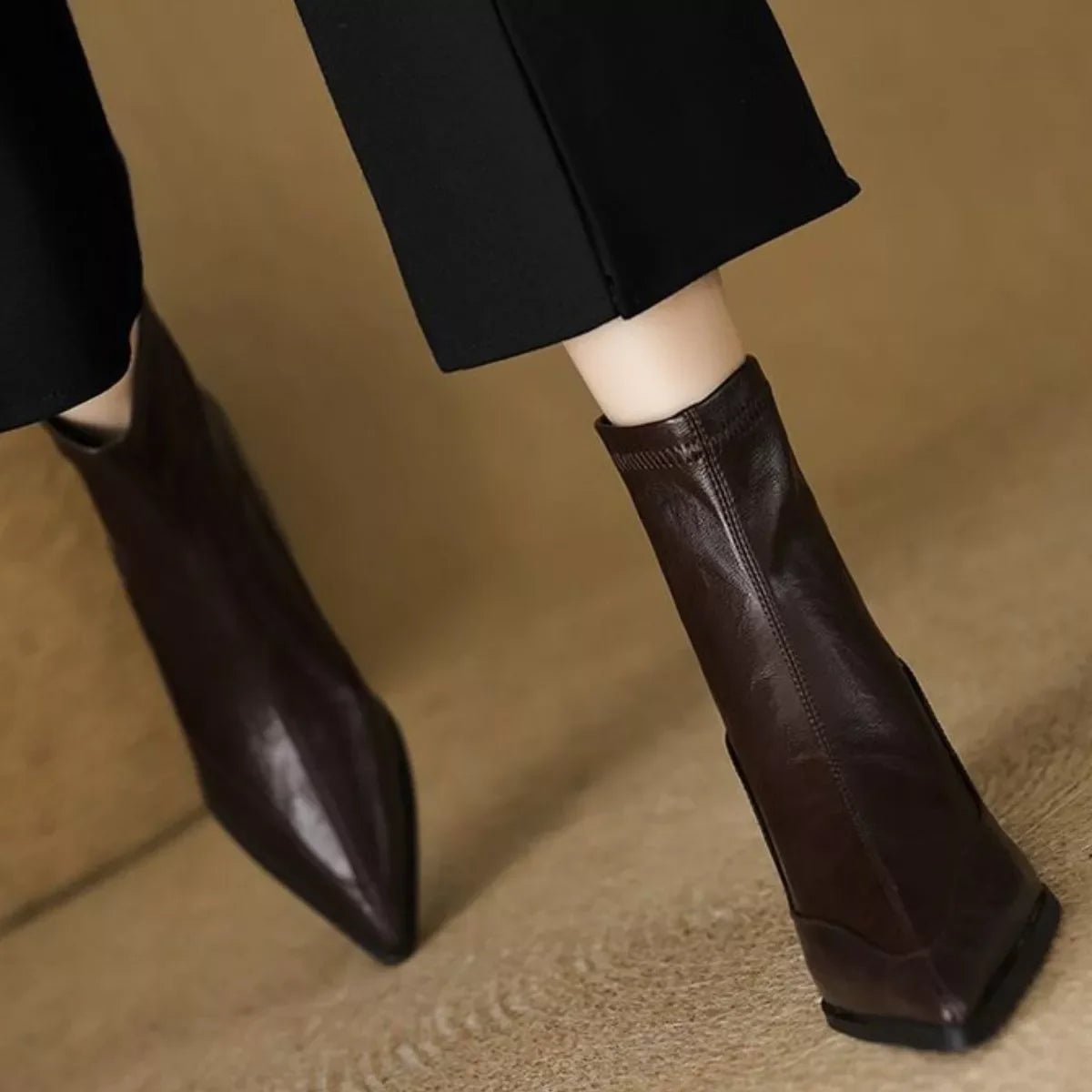 Point Toe Block Heel Synthetic Leather Ankle Boots - Southern Shores Clothing