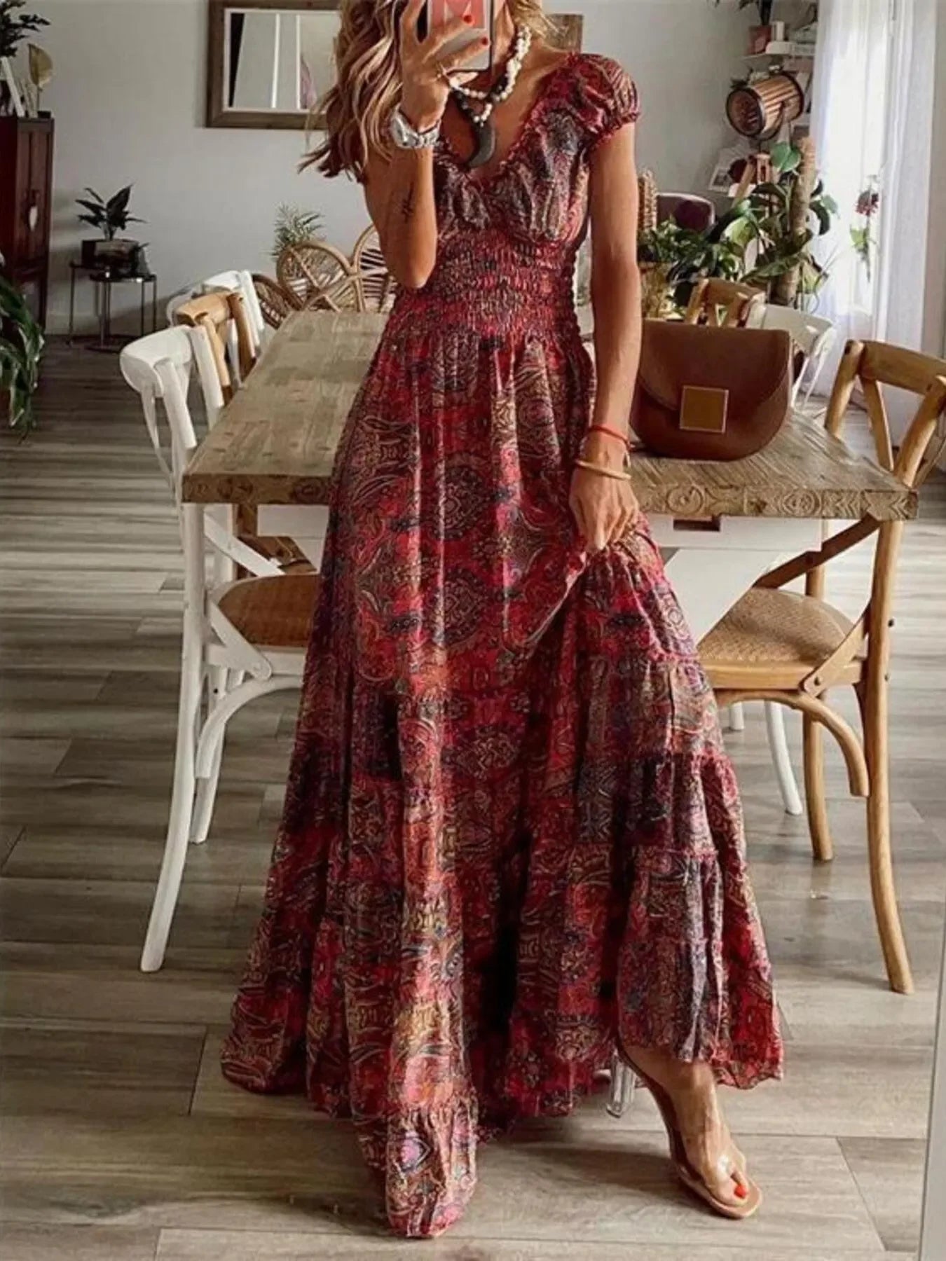 Paisley Print Cap Sleeve Maxi Dress With Tiered Ruffles - Southern Shores Clothing