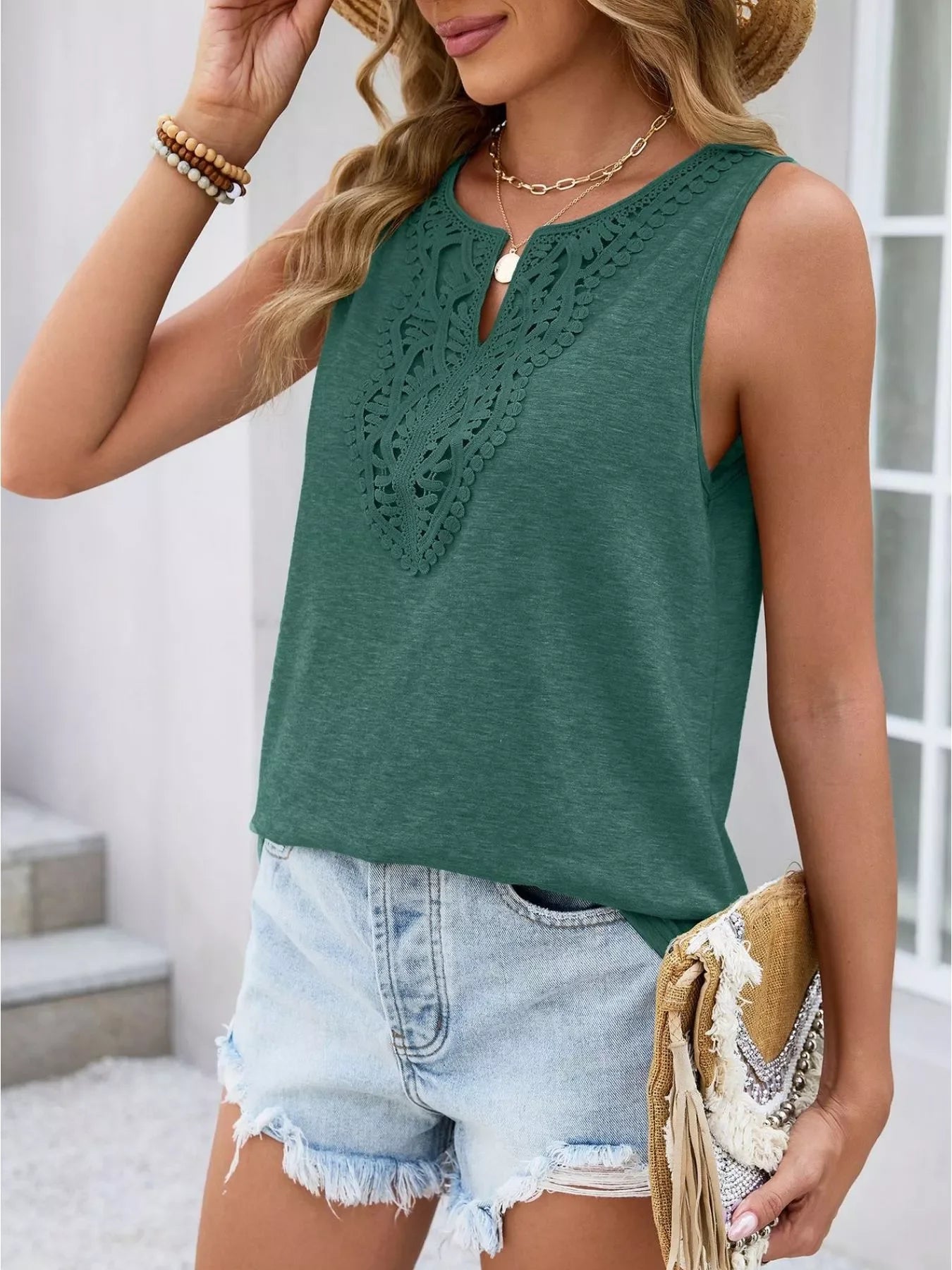 Lace Trim Sleeveless Tank Top With Intricate Lace Front - Southern Shores Clothing