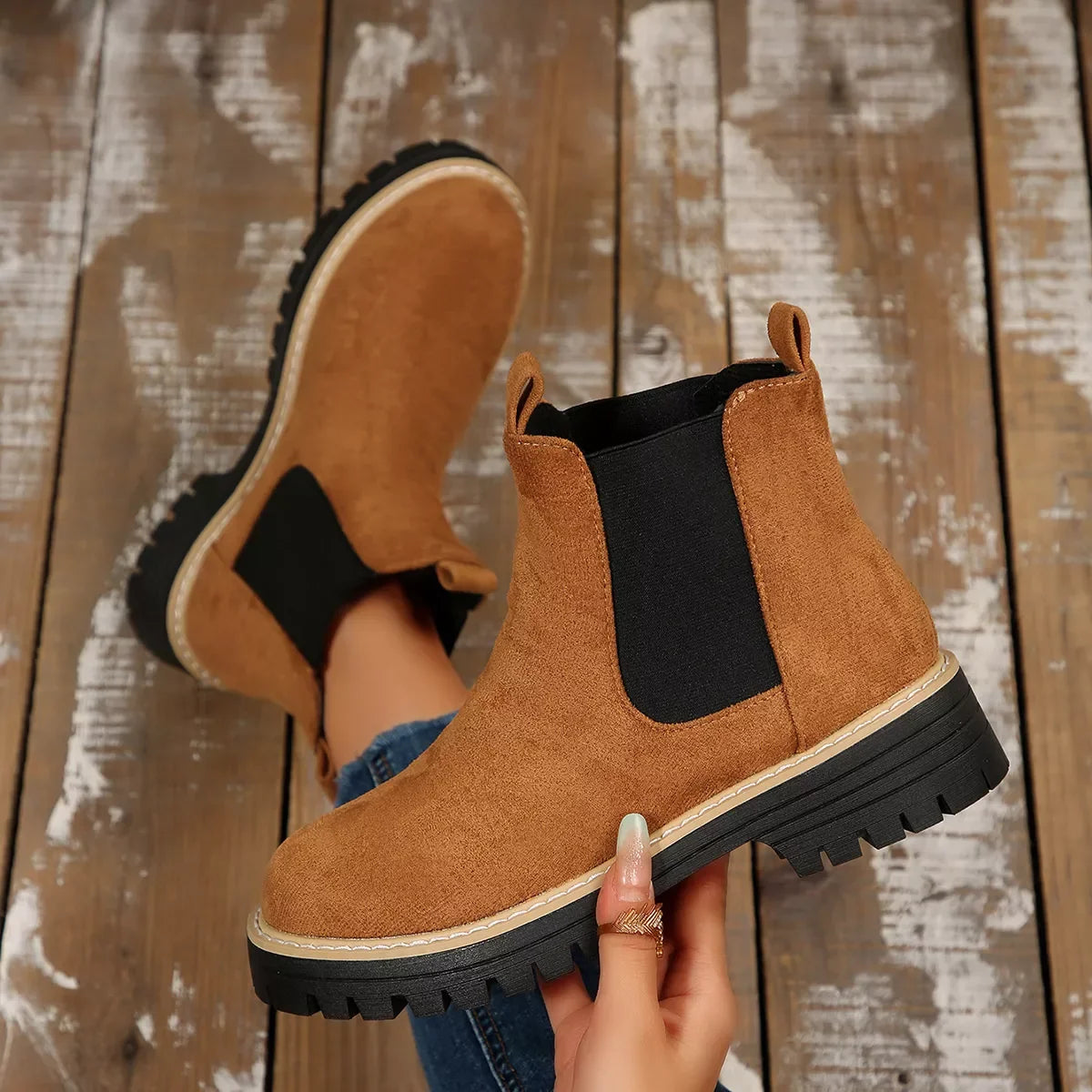 Round Toe Block Heel Boots Suede And Rubber - Southern Shores Clothing