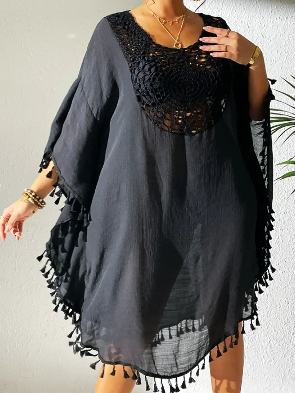 Tassel Cutout Scoop Neck Cover Up Dress One Size - Southern Shores Clothing