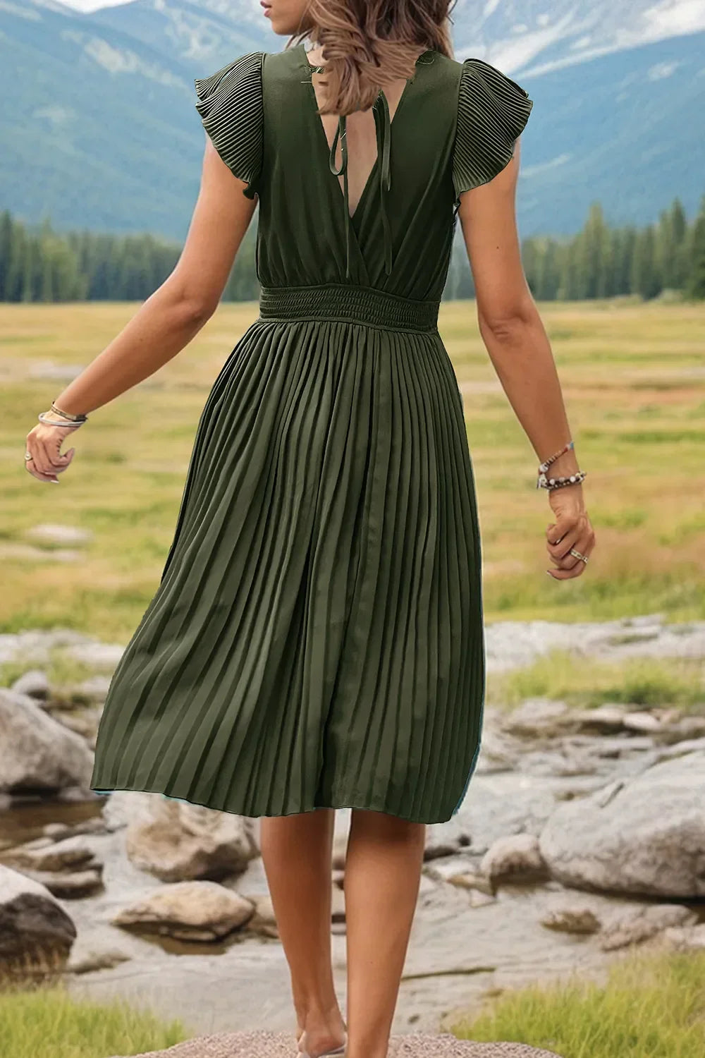 Perfee Tied Smocked Waist Flutter Sleeve Dress - Southern Shores Clothing