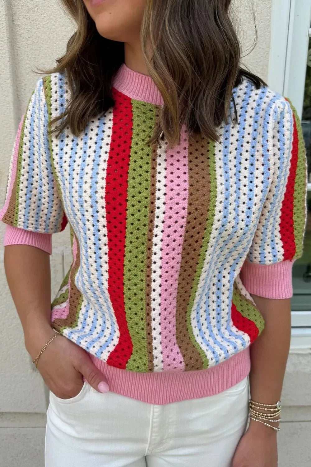 Openwork Striped Crochet Knit Short Sleeve Top With Stretch - Southern Shores Clothing