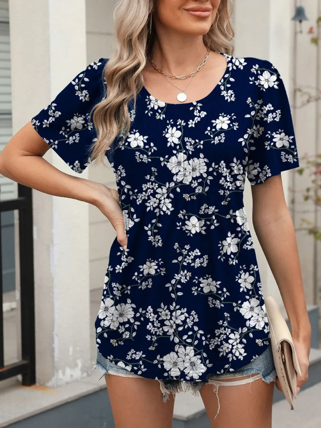 Floral Print Round Neck Short Sleeve T Shirt With Stretch - Southern Shores Clothing