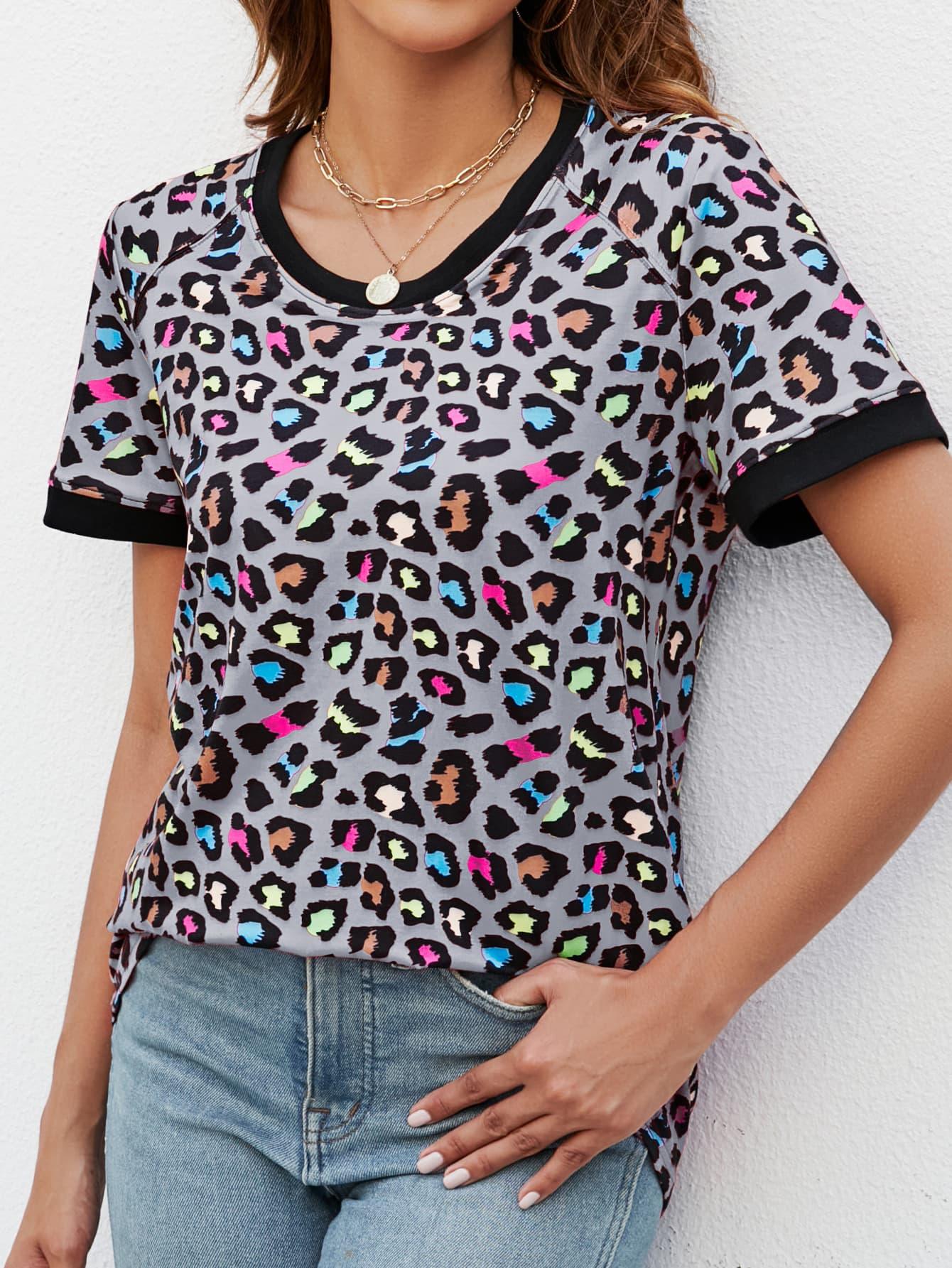 Leopard Print V-Neck Long T-Shirt With Stretchy Fabric - Southern Shores Clothing