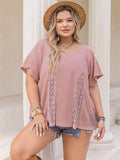 Plus Size Lace Detail Round Neck Short Sleeve T-Shirt - Southern Shores Clothing