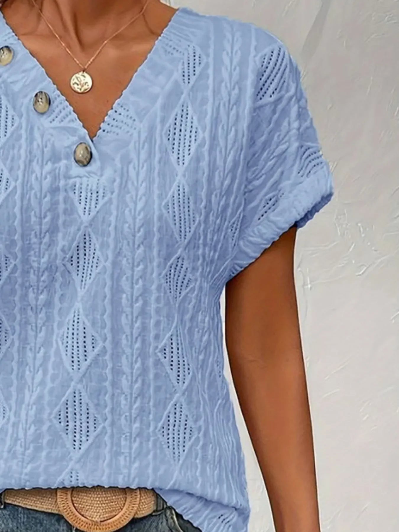 Textured V-Neck Short Sleeve Buttoned Top With Openwork - Southern Shores Clothing