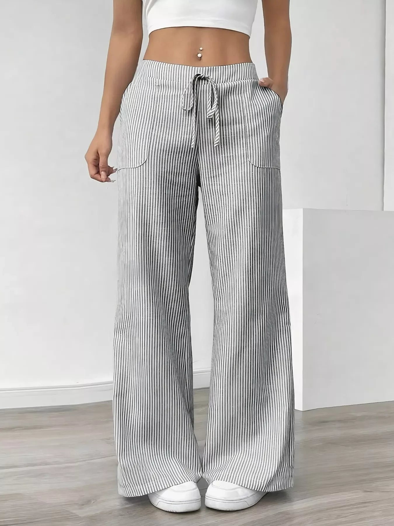 Striped Wide Leg Pocketed Casual Pants For Everyday Wear - Southern Shores Clothing